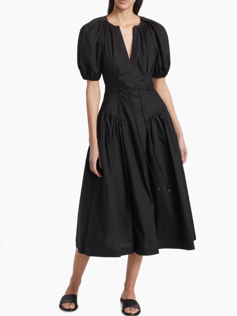 Ulla Johnson "Carina" Black Puff Sleeves Poplin 100% Cotton Midi Dress Size 16